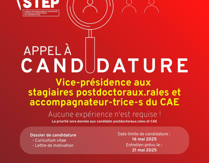STEP – Appel à candidatures / Vice-présidence aux stagiaires postdoctoraux et CAE
